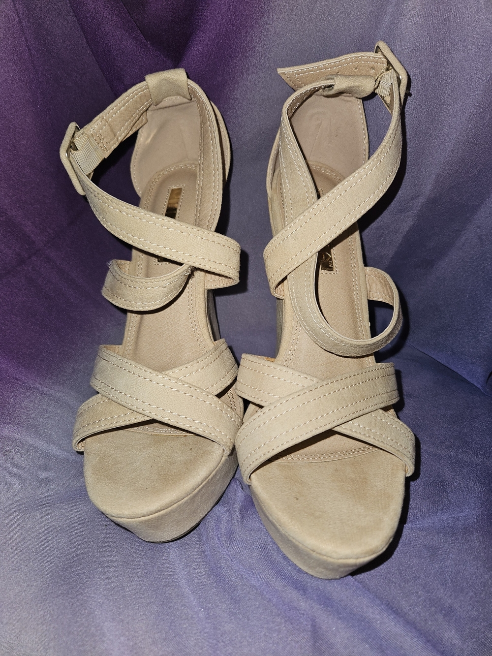 Beige Strappy Platform Heels with Ankle Strap